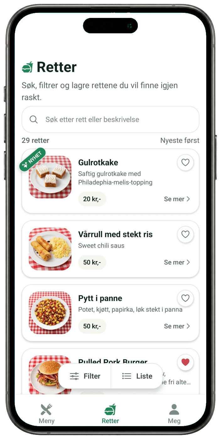 En iPhone som viser Retter-siden i KantinApp