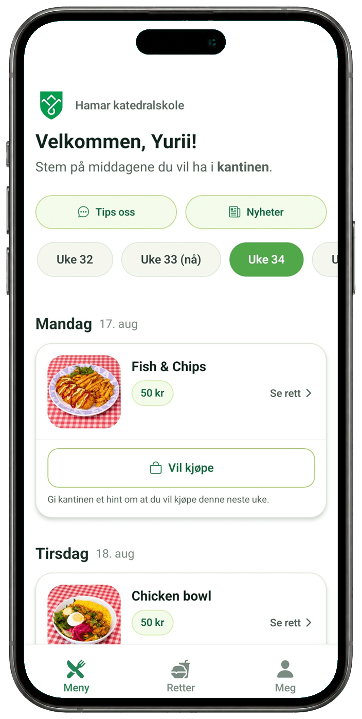 En iPhone som viser ukemenyen i KantinApp